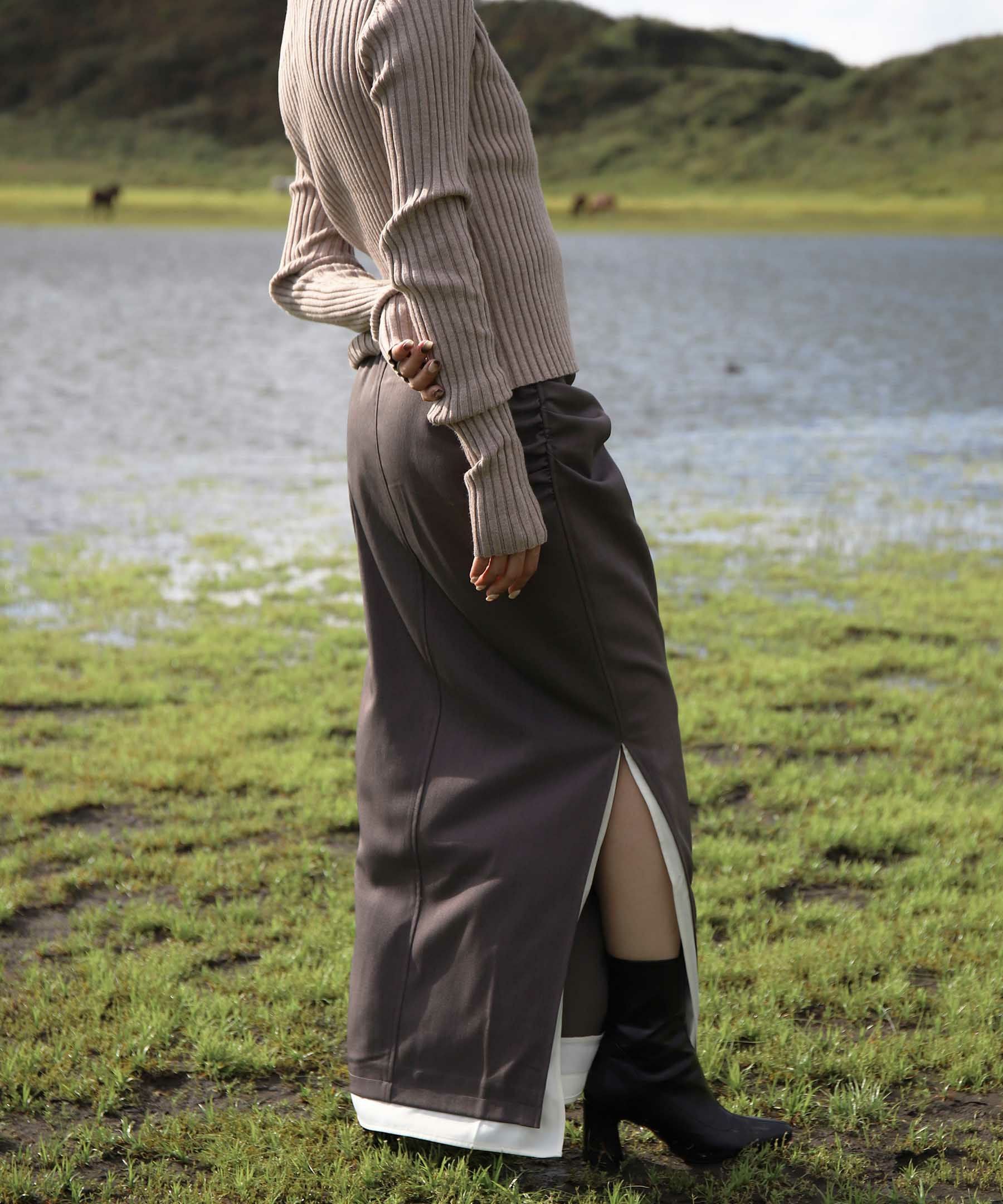 original side gather long slit skirt | Reurie'（レウリィ）