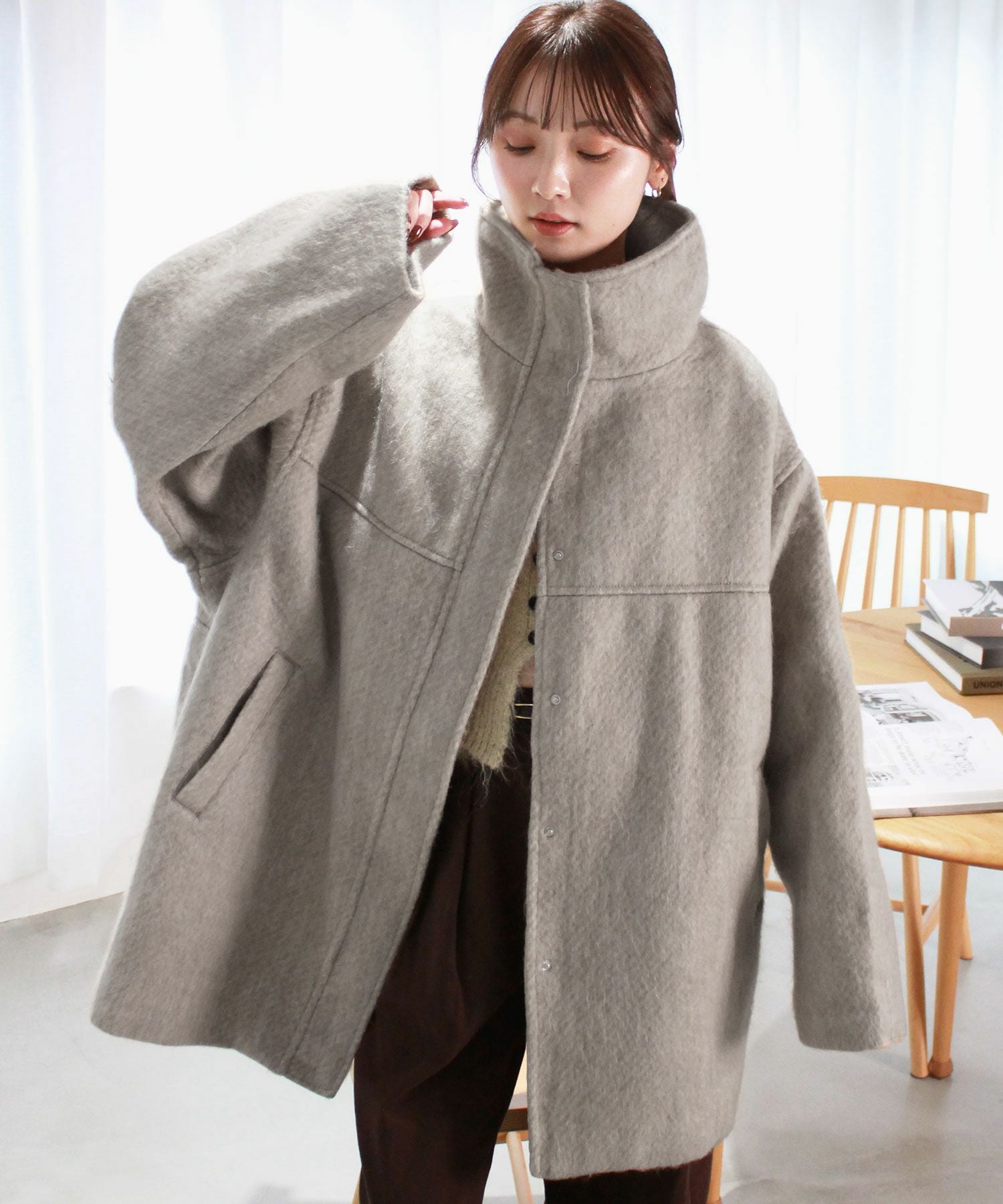shaggy stand collar middle coat | Reurie'（レウリィ）