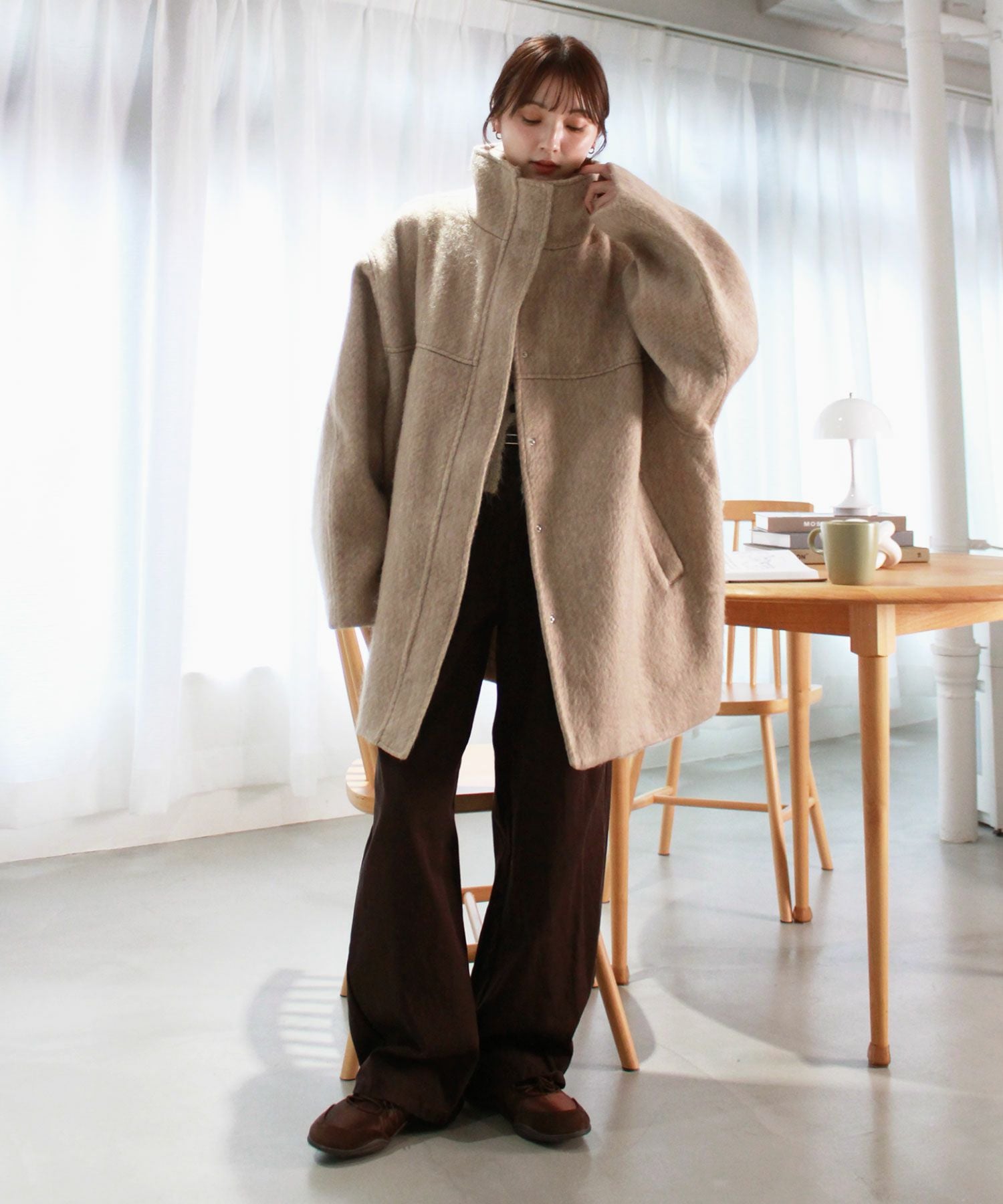 shaggy stand collar middle coat | Reurie'（レウリィ）