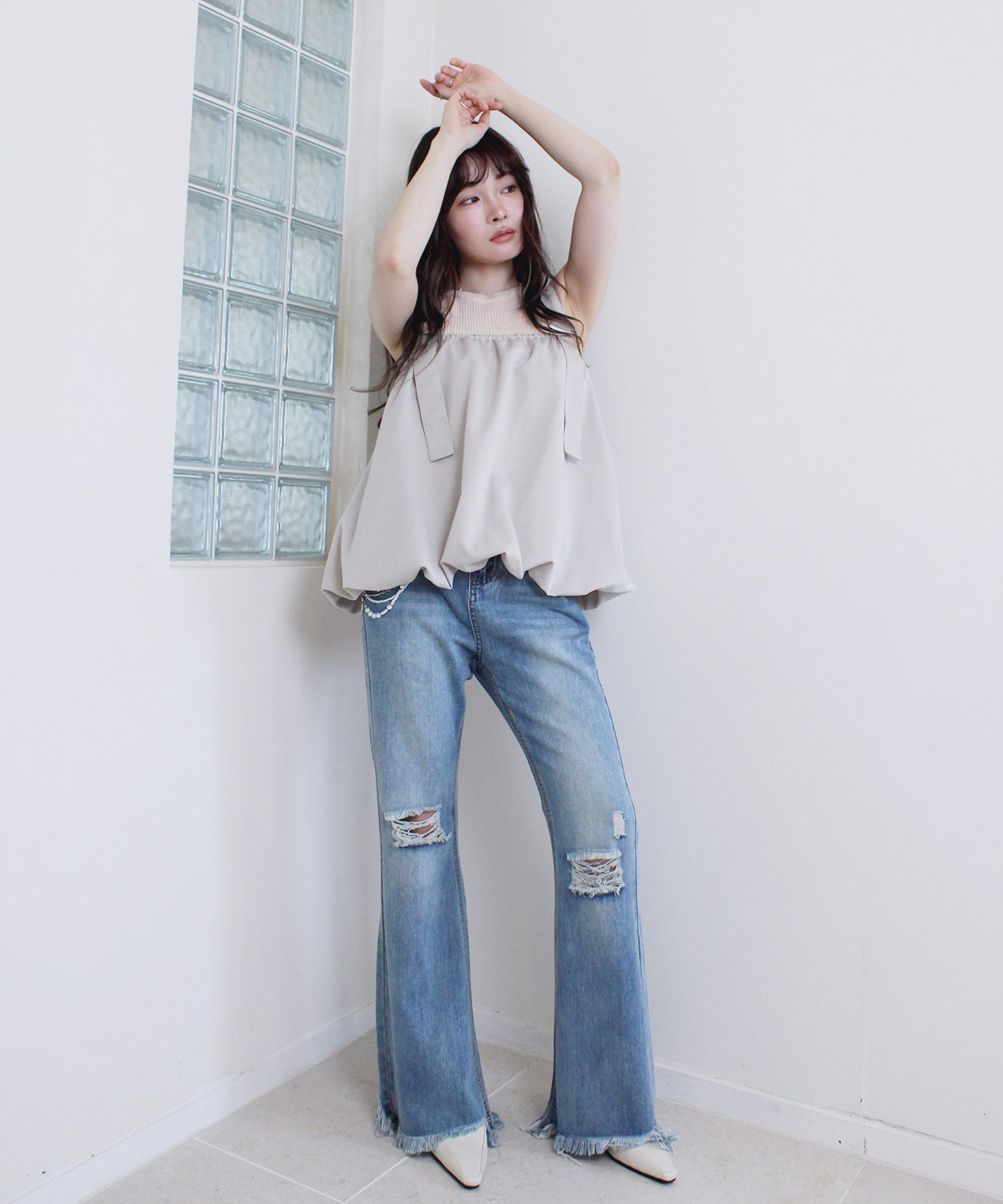 Ribbon Straight Flare Denim Pants Sサイズ stretch damage flare denim | Reurie'（レウリィ）
